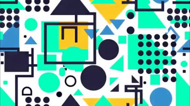 Soyut pop sanat karikatürü geometrik 2D funky düz vektör tarzı arka plan, beyaz taban, deniz mavisi deniz mavisi şekilleri, üçgen çember çizgileri kareler, canlı katmanlı kompozisyon, Memphis estetiği