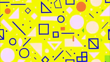 funky düz vektör pop sanat karikatürü geometrik 2D şekiller soyut retro arkaplan, parlak sarı taban, mavi beyaz şekiller, daireler üçgenler kareler çizgiler kesişiyor, dağınık parlak elementler, Memphis yüksek kontrast enerji