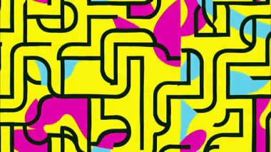 Pop art funky düz vektör geometrik 2D çizgi film şekilleri soyut retro arkaplan, sarı siyah taban, pembe deniz mavisi gri labirent yolları, kıvrımlı çizgiler, canlı geometrik bulmaca, Memphis ilham verici yüksek kontrast enerji