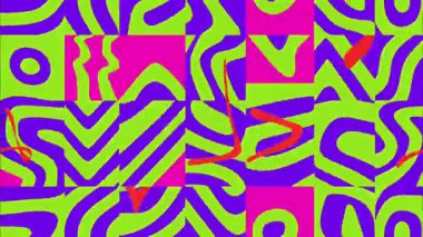 karikatür geometrik 2D şekiller funky pop art düz vektör soyut arka plan, limon yeşili pembe labirent çizgileri, dalgalı labirent çizgileri, ok üçgeni biçimleri, kalın canlı bloklar, Memphis retro grafik bozulması