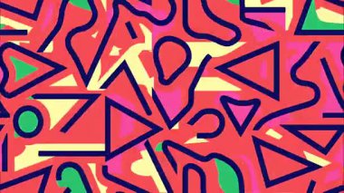 soyut funky düz vektör karikatür pop sanat geometrik 2D şekiller retro arkaplan, turuncu kırmızı taban, mavi pembe dalgalı kalın çizgiler, kıvrımlı açısal biçimler, canlı yüksek enerji Memphis estetik, dinamik soyutlama