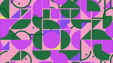 düz vektör funky çizgi film pop sanat geometrik 2D şekiller soyut retro arkaplan, pembe taban, yeşil mor daireler yarı daireler, üçgen kesitler, kalın çizgi aksanları, canlı geometrik kolaj, Memphis retro tarzı