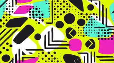 funky pop art geometric 2D şekiller çizgi film düz vektör soyut arka plan, parlak sarı taban, siyah pembe deniz mavisi aksanları, noktalar çizgili damlalar, katmanlı düzensiz formlar, canlı Memphis estetik enerji