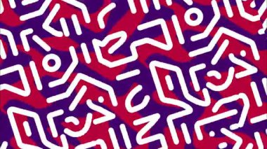 retro soyut pop sanat karikatürü geometrik 2D şekiller funky düz vektör tarzı arka plan, kırmızı mor taban, beyaz kalın kıvrımlı çizgiler, labirent benzeri biçimler, yüksek enerji titreşimli karşıtlıklar, Memphis retro grafik titreşim