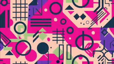 çizgi film funky düz vektör geometrik 2D şekiller pop sanat soyut retro arkaplan, pembe bej taban, lacivert mor şekiller, daire çizgileri çapraz, dağınık kalın elementler, canlı Memphis ilham verici kompozisyon