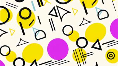 Pop sanat karikatürü geometrik 2D şekiller funky düz vektör tarzı soyut arka plan, bej taban, sarı siyah daireler, mor üçgen, dağınık formlar, minimum retro pop, canlı noktalar, Memphis simülasyonu