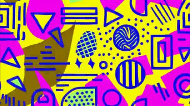 Pop sanat karikatürü geometrik 2D şekiller funky düz vektör tarzı soyut arkaplan, pembe sarı taban, mavi çizgiler, kahverengi siluet, yeşil üçgen daireler dikdörtgenler, Memphis pop kolajı, canlı bloklar