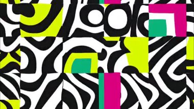 Pop sanat karikatürü geometrik 2D şekiller funky düz vektör tarzı soyut arka plan, zebra dalgalı çizgiler, siyah beyaz taban, pembe sarı yeşil deniz mavisi örtüleri, renkli bloklar, düzensiz yamalar, Memphis 'ten esinlenilmiş