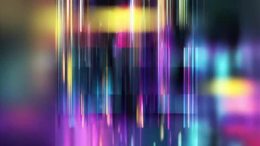 Dikey neon ışık sütunları, renkli arıza çubukları, dijital krom çizgiler, soyut spektrum bozulması arka planı, canlı RGB parazit örtüsü, geleceksel tarama dokusu