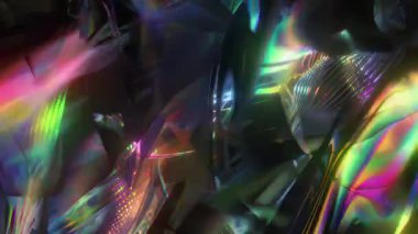 Soyut holografik arkaplan, parlak karanlık yüzeyler, yanardöner yansımalar, kromatik çarpıtma, siberpunk bilim kurgu estetiği, dijital aydınlatma dokusu.