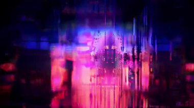 Neon mavi ve pembe ışık dalgalarıyla soyut akan holografik kumaş efekti, fütürist siber punk arkaplan, dijital ağ bozulması, yumuşak parlak görseller