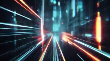 Soyut warp hızı ışık tüneli arka planı, radyal enerji ışınları, fütüristik hiperuzay etkisi, parlayan perspektif çizgileri, bilim kurgu hareketi bulanıklığı, hatalı müdahale, kromatik sapma, dijital ivme dokusu