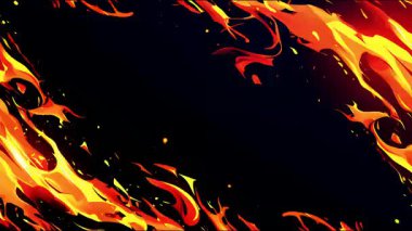 Dairesel ateş çerçevesi, çizgi film alev halkası, karikatür tarzı yanan sınır, 2D animasyon ateş döngüsü, soyut enerji çemberi, parlak turuncu alevler, dinamik ısı hareketi, koyu arkaplanda stilize edilmiş ateş çelengi.