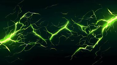 Yeşil elektrik aydınlatma deseni, çatırdayan enerji hatları, çizgi film tarzı 2d animasyon, parlayan elektrik deseni, soyut güç arkaplanı, neon yeşil cıvatalar, bilim kurgu enerji alanı, karanlık atmosfer, stilize edilmiş elektrik fırtınası.