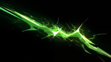 Yeşil elektrik / elektrik çarpması, anime yıldırımı saldırısı, parlayan enerji bıçağı etkisi, komik güç kesintisi, siyah arkaplan üzerinde neon elektrik etkisi
