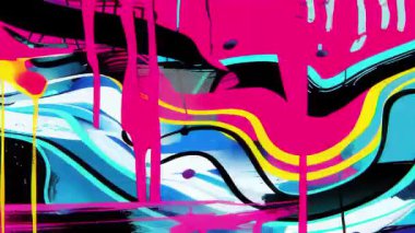 Soyut grunge el çizimi sanat kolajı arka plan, pembe yüzey üzerinde akan siyah dalga çizgisi, sarı ve mavi çizgili desenler, kalın grafik kontrast, karışık medya boya dokusu, anlamlı soyut arkaplan