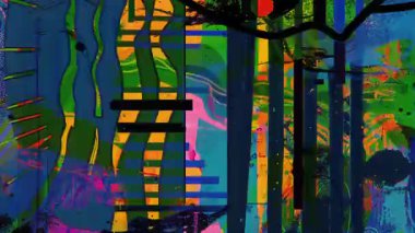 Soyut renkli el çizimi sanat kolajı arka plan, katmanlı boya darbeleri, grafik dokular, karışık medya kompozisyonu, ifade çizgileri, kaotik şekiller, canlı palet, grunge detayları ve dinamik hareketli sanatsal yüzey