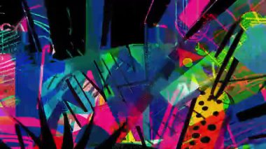 Soyut kaotik arka plan koyu siyah şekiller, neon renkler, anlamlı boya vuruşları, yüksek kontrastlı kompozisyon, modern enerjik sanat dokusu