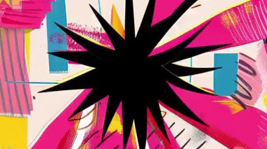 Siyah yıldız patlaması şekilli grafiksel soyut arkaplan, keskin radyal form, koyu renkli dokular, komik stil karışık medya kompozisyonu