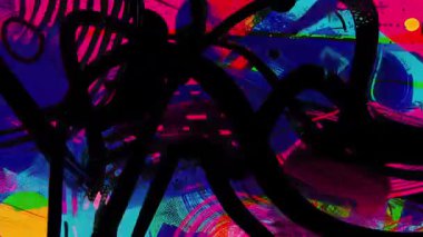 Koyu soyut el boyası arka plan koyu siyah organik şekiller, neon pembe ve mavi fırça darbeleri, kaotik katmanlı boya dokuları, anlamlı karışık medya kompozisyonu, canlı grunge sanat yüzeyi, dinamik hareket ve kontrast