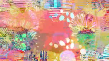 Katmanlı karalamalar, dairesel motifler, enerjik fırça darbeleri, anlamlı karışık medya dokusu ile soyut renkli arkaplan