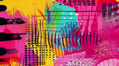 Kalın soyut arkaplan, yüksek kontrastlı boya dokusu, siyah grafik şekiller, turuncu ve pembe renk alanları, anlamlı fırça izleri, modern pop sanat tarzı, enerjik soyut yüzey