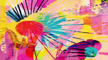 Soyut boyalı arka plan, renkli fırça kaosu, el çizgileri, katmanlı dokular, canlı renk sıçramaları, dışavurumcu sanat yüzeyi, karışık medya tarzı, dinamik soyut kompozisyon