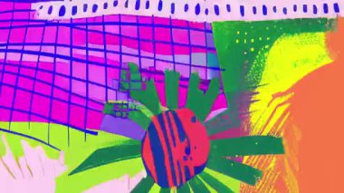 Soyut renkli arkaplan, el çizimi radyal şekil, yeşil organik patlama, mavi nokta desen, sarı tuval, oyuncu grafik doku, boya yüzey, pop sanat tarzı, anlamlı fırça darbeleri, modern soyut sanat