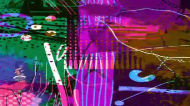 Soyut katmanlı kolaj, renkli geometrik şekiller, kıvrımlı çizgiler ve daireler, anlamlı boya dokuları, karışık medya tarzı, canlı modern sanatsal arka plan