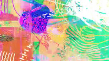 Neon fırça darbeleri, kaotik boya katmanları, zigzag çizgileri, noktalı dokular, el çizimleri, parlak pembe sarı şekiller, anlamlı karışık medya sanat kompozisyonu ile soyut renkli grunge arka plan