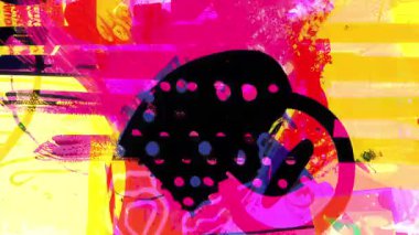 Katmanlı halkaları olan soyut dairesel grunge arkaplan, desenli boya darbeleri, neon renk karşıtlıkları, kaba çizikler, dinamik dairesel kompozisyon, anlamlı karışık medya sanatı