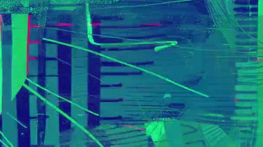 Teal dijital blok ve katmanlı grunge dokuları, el çizgileri ve çarpıtma işaretleri, anlamlı modern sanat animasyon arka planı ile soyut arıza