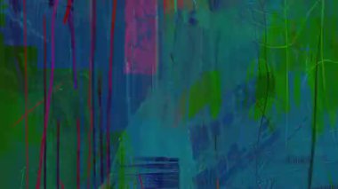 Mavi ve yeşil boyalı katmanlar, dikey fırça darbeleri ve dokulu gürültü, anlamlı el çizimi tarzı, karamsar sanatsal animasyon arka planı ile koyu soyut arkaplan