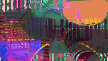 Çok renkli geometrik şekillere sahip soyut grunge kolajı, katmanlı boyanmış dokular ve karalama işaretleri, anlamlı psikedelik kompozisyon, modern sanatsal animasyon arkaplanı