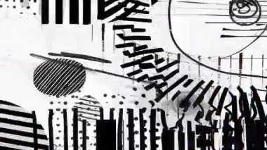 Grafik çizgileri ve noktaları olan siyah beyaz soyut arkaplan, el çizimi karalama dokuları, yüksek kontrast sanatsal kompozisyon, deneysel analog tarzı, modern animasyon arkaplanı
