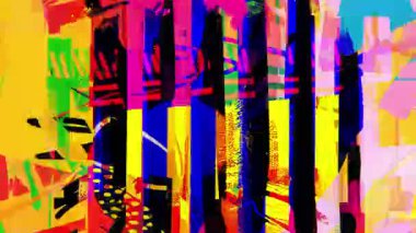 Dikey siyah çizgileri ve canlı renk çizgileri olan soyut psikedelik arkaplan, el boyaması grunge dokusu, kalın geometrik ritim, anlamlı karalama ayrıntıları, analog modern sanat animasyon arka planı