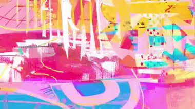 Renkli soyut geometrik arkaplan, el çizimi şekiller ve katmanlı boya blokları, psikedelik grunge dokusu, koyu pembe mavi kompozisyon, anlamlı karalama sanat tarzı, modern sanatsal animasyon fon.