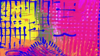 Sıcak pembe soyut grunge arkaplan, koyu mavi boya darbeleri, noktalı grafik desen, anlamlı el çizimi doku, kaba analog yüzey, enerjik karışık medya sanat animasyonu