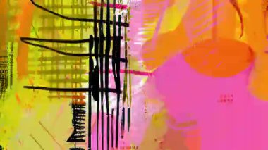 Sarı turuncu soyut arkaplan, katmanlı el boyası yapılar, kaba analog doku, anlamlı karalama çizgileri, karışık medya sanat yüzeyi, enerjik animasyon dokusu