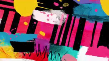 Pembe siyah soyut arkaplan, kalın grafik şekiller, el çizimi vuruşlar, kaba analog doku, karışık medya kolajı yüzeyi, anlamlı sanatsal animasyon dokusu