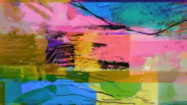 Renkli soyut grunge arkaplan, katmanlı el boyası blokları, analog fırça dokusu, karışık medya kolaj yüzeyi, karalama izleri ve kaba şekiller, anlamlı sanat animasyon dokusu