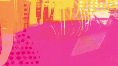 Sarı pembe soyut arkaplan, kalın el çizimleri, kaba analog fırça dokusu, katmanlı karışık medya yüzeyi, anlamlı sanatsal izler, enerjik animasyon dokusu