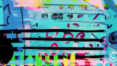 Cyan pembe soyut arkaplan, el çizimi grunge boya vuruşları, kalın analog fırça dokusu, karalama çizgileri ve grafik işaretleri, katmanlı karışık medya yüzeyi, anlamlı animasyon dokusu