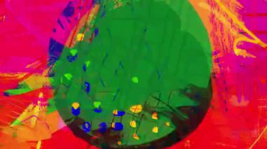 Psikedelik çember soyut arka plan, el çizimi grunge şekilleri, analog boya dokusu, canlı karalama çizgileri, anlamlı karışık medya sanatı, kalın renk yüzeyi, deneysel animasyon dokusu