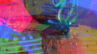 Renkli karışık medya soyut arka planı, el çizimi karalama vuruşları, analog boya dokuları, katmanlı grunge elementleri, psikedelik karalama sanatı, kaotik sanatsal yüzey, canlı animasyon dokusu