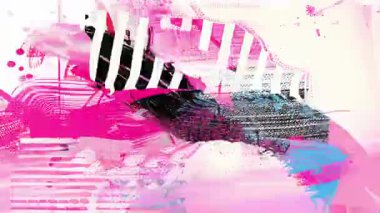 Siyah ızgara bozulması, fırça lekesi, çizik çizgileri, kaotik soyut kaplama ve dijital müdahale arka planı olan sıcak pembe boya dokusu.