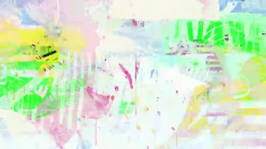 Yumuşak pastel soyut karışık medya kolajı katmanlı fırça darbeleriyle şeffaf dokular karalama işaretleri boya sıçratma geometrik parçalar ve anlamlı hareket grafikleri bileşimi