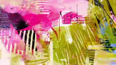 Siyah fırça darbeleri karalama çizgileri geometrik şekiller katman doku grunge el çizilmiş işaretler ve hareket grafik biçimi bileşimi ile canlı pembe soyut medya kolajı