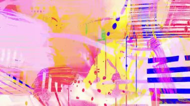 Canlı sarı ve pembe soyut karışık ortam arka planı mor çizgi vuruşları, katmanlı kolaj dokuları, enerjik karalama kalıpları, anlamlı grunge hareketli grafik sanatı