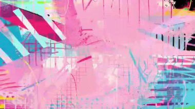 Karalamalar, boya darbeleri, yarım ton noktalar, geometrik bloklar ve katmanlı karışık medya arızası kolaj grafiği içeren parlak pembe soyut sanat arka planı